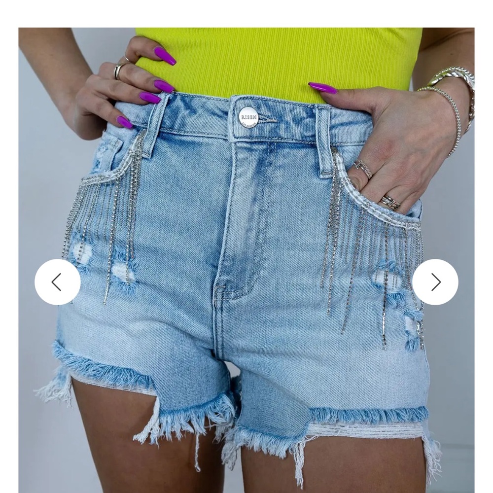 Risen high waisted jean shorts with jeweled tassels!